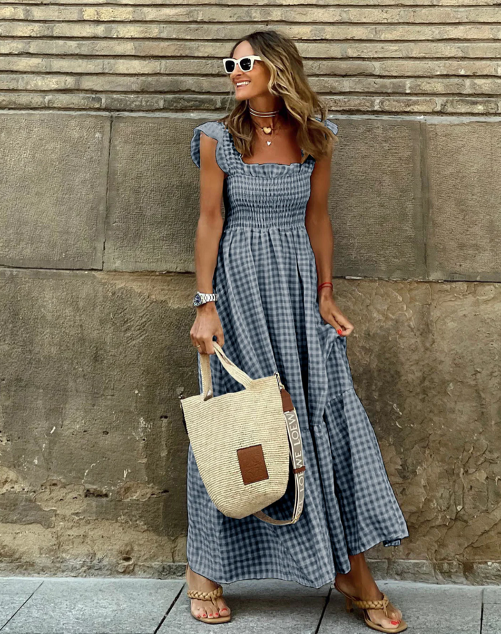 Smocked Gingham Maxi Dress With Ruffle Sleeves