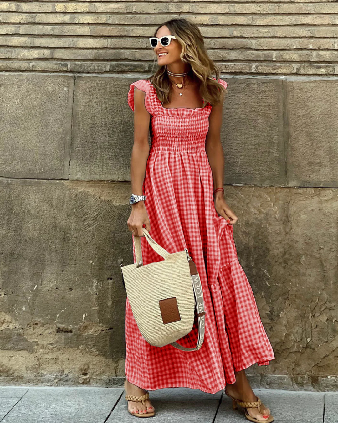Smocked Gingham Maxi Dress With Ruffle Sleeves