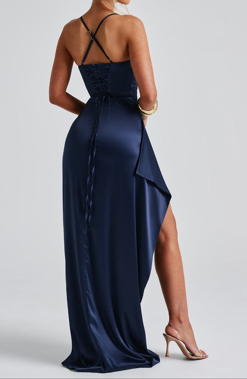 Womens Navy Blue Satin Evening Maxi Dress