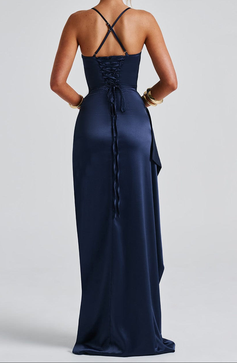 Womens Navy Blue Satin Evening Maxi Dress
