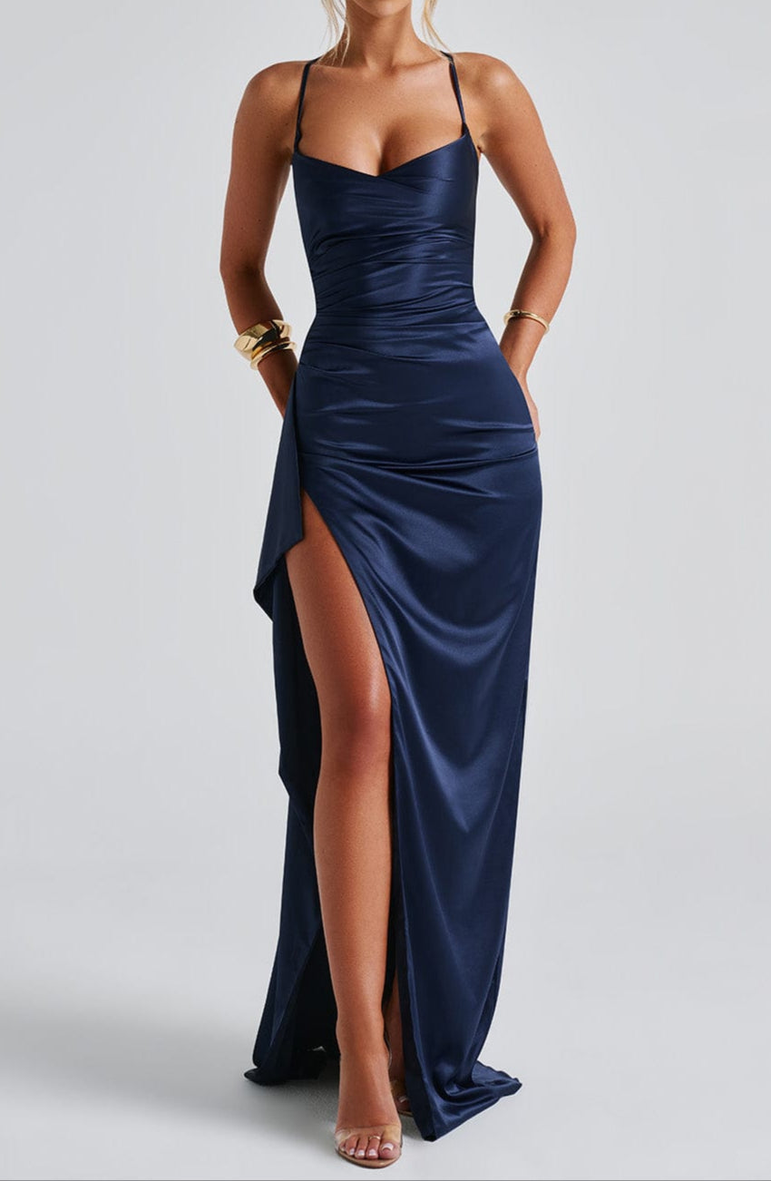 Womens Navy Blue Satin Evening Maxi Dress