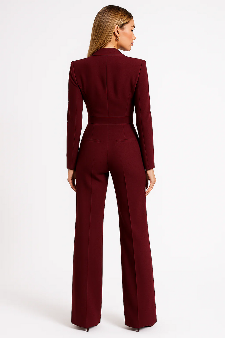 Women’s Jumpsuit – Tailored Fit – V-Neck – Long Sleeve – Wide Leg Elegant Style