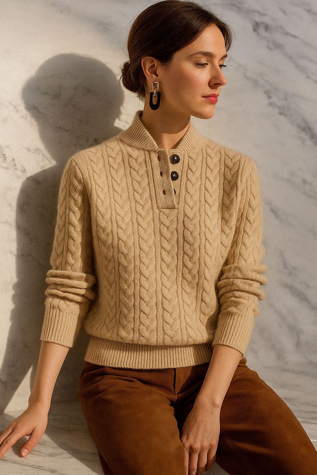Women’s Pullover Sweatshirt – Wool Blend Cable Knit – Funnel Neck – Relaxed Fit