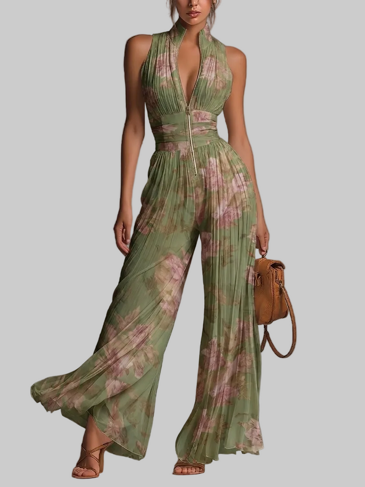 Amelia – green pleated floral jumpsuit