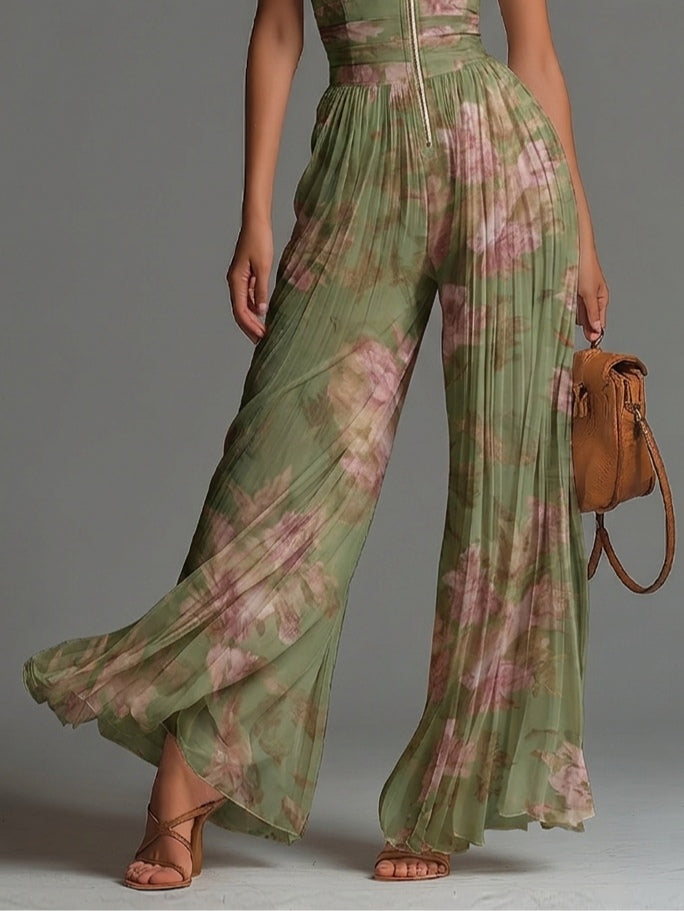 Amelia – green pleated floral jumpsuit