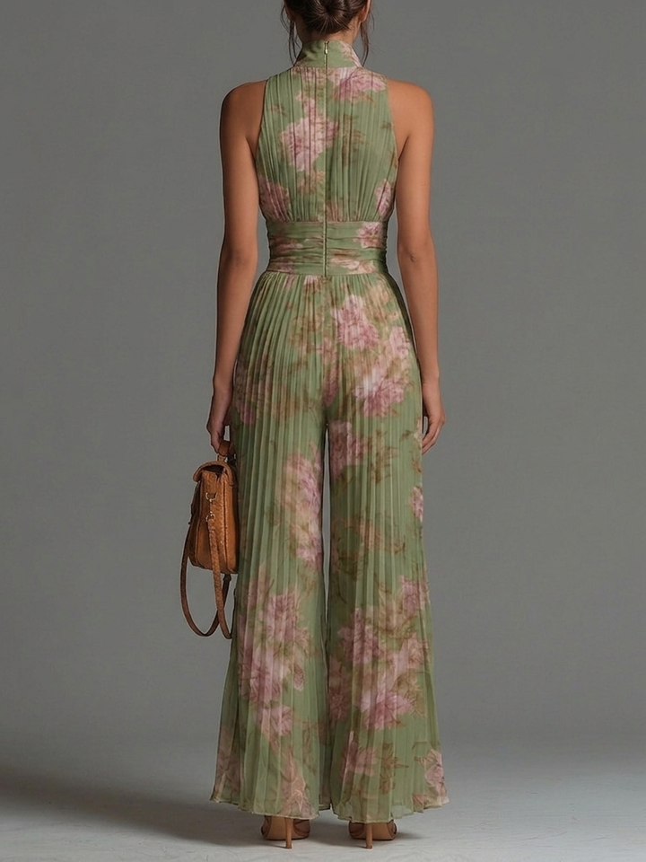 Amelia – green pleated floral jumpsuit