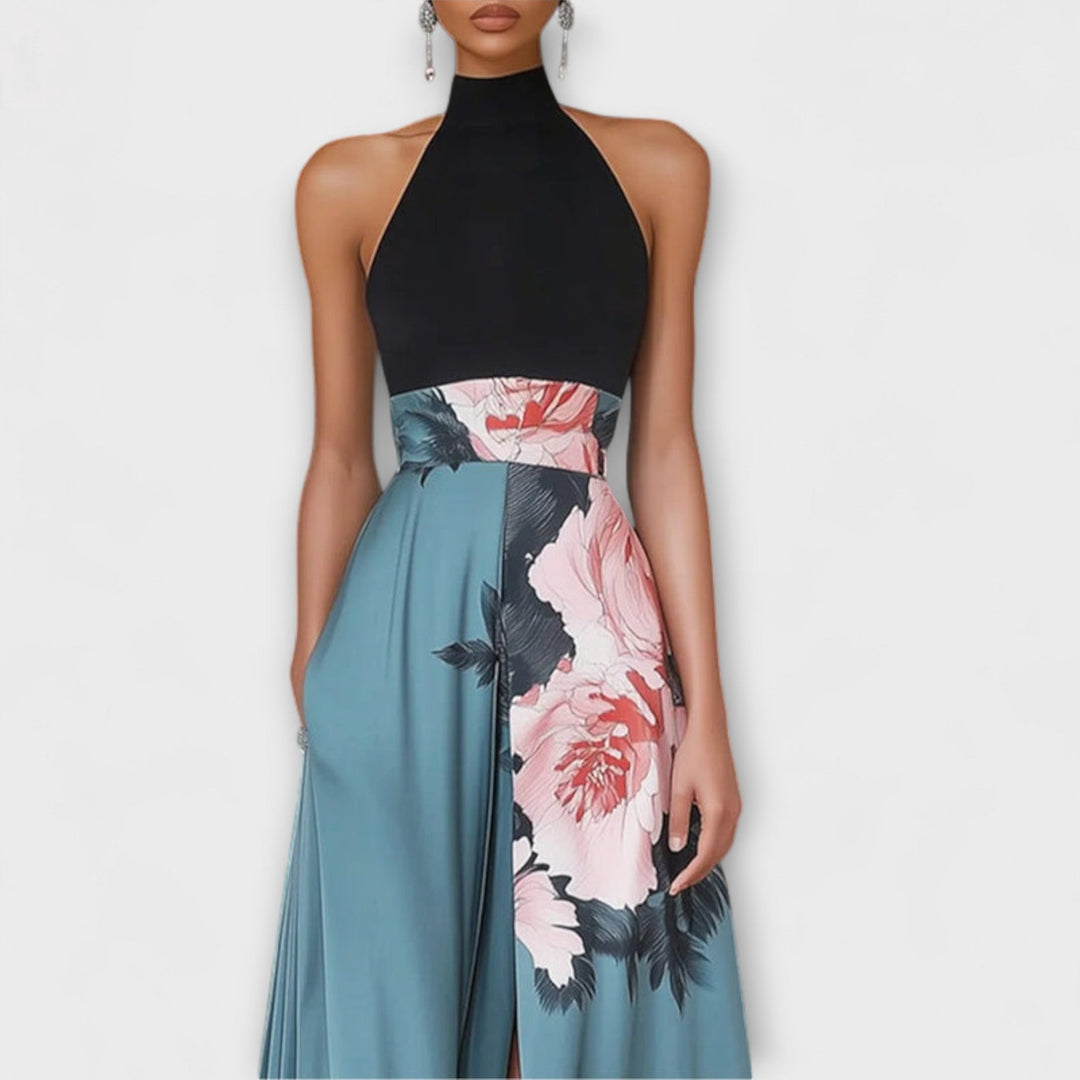Natalie - Floral A-Line Maxi Dress with Sleeveless Round Neck