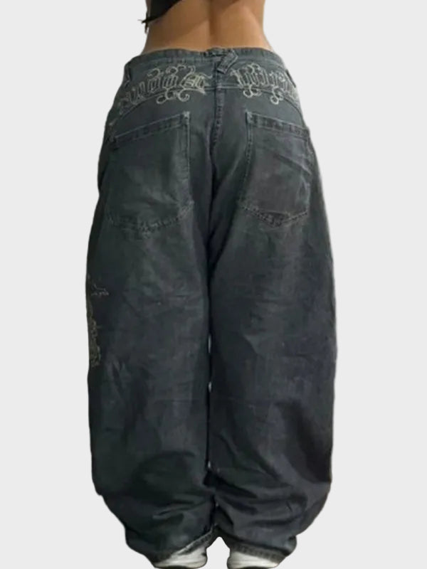Black American Retro High Street Wide Legs Boyfriend Jeans