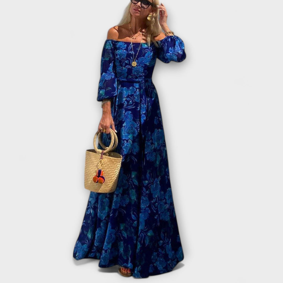 Juniper – Floral Off-Shoulder Maxi Dress with Ruched Top, Perfect for Holidays