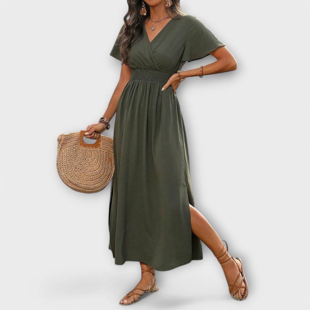 Heather - An elegant Boho dress with a V-neckline and long sleeves