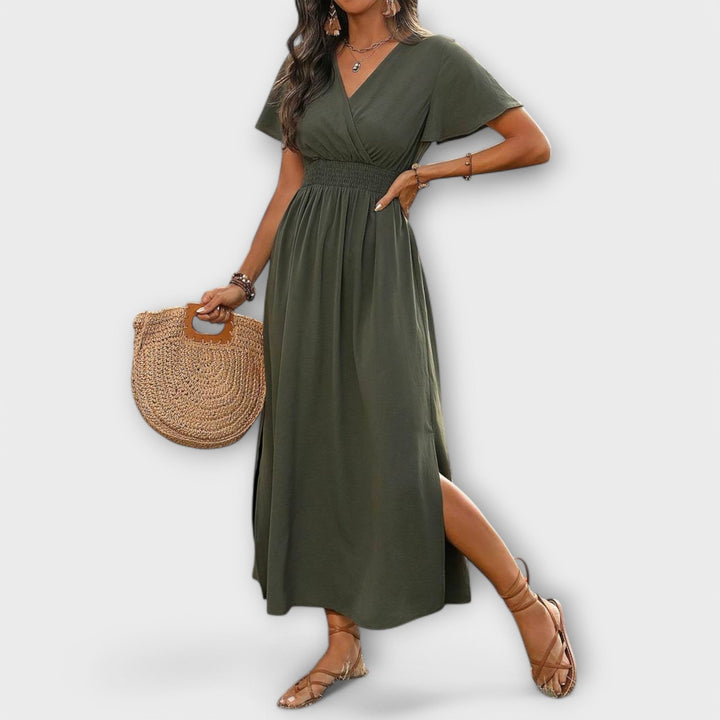 Heather - An elegant Boho dress with a V-neckline and long sleeves