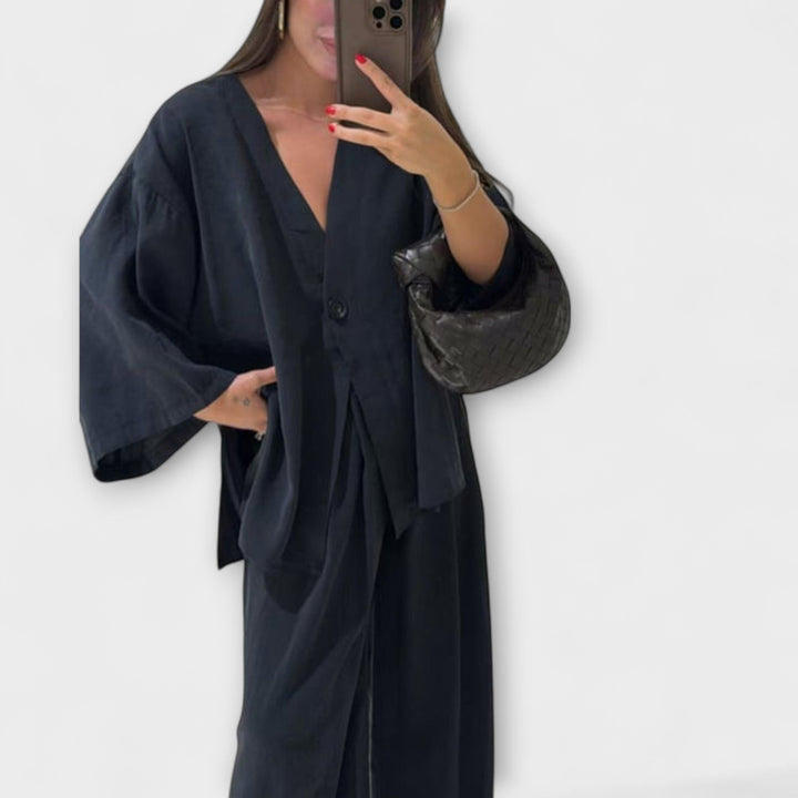 Jacqueline - Casual V-Neck Top and Trousers Duo