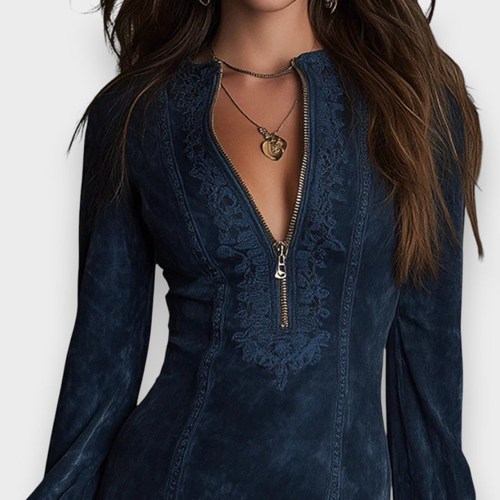 Jane | Blue suede mini dress with lace