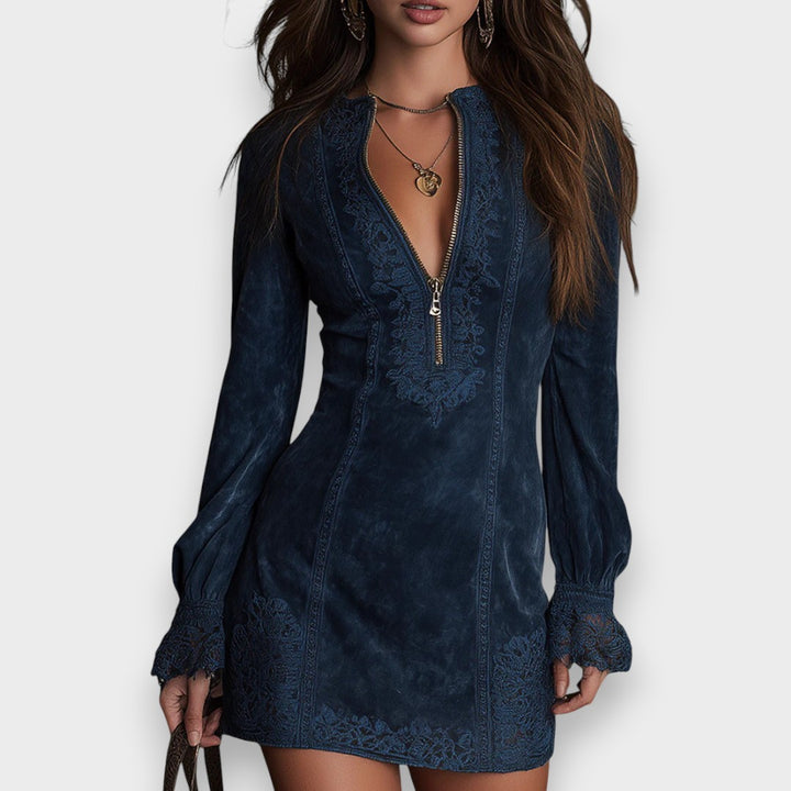Jane | Blue suede mini dress with lace