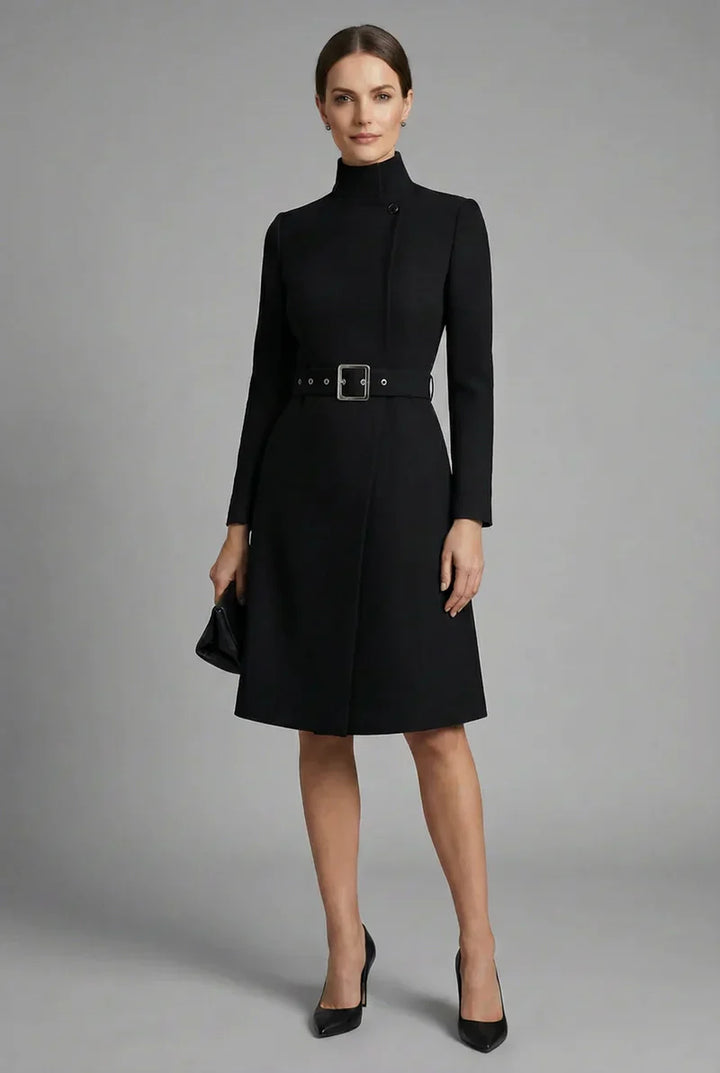 Women's High Neck Asymmetric Front Belted Spring Coat