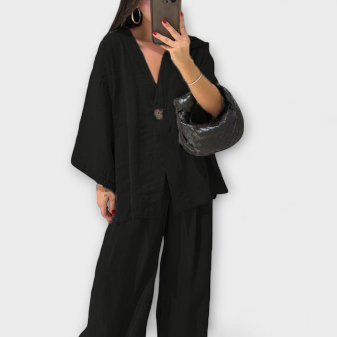 Jacqueline - Casual V-Neck Top and Trousers Duo