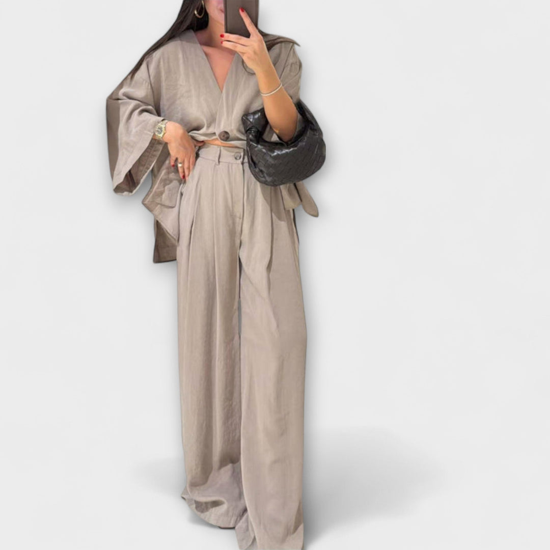 Jacqueline - Casual V-Neck Top and Trousers Duo