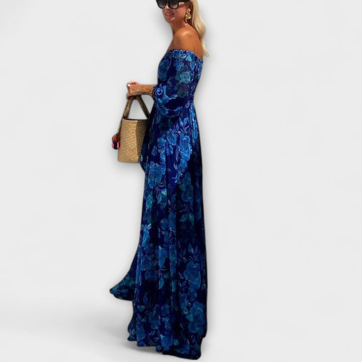 Juniper – Floral Off-Shoulder Maxi Dress with Ruched Top, Perfect for Holidays