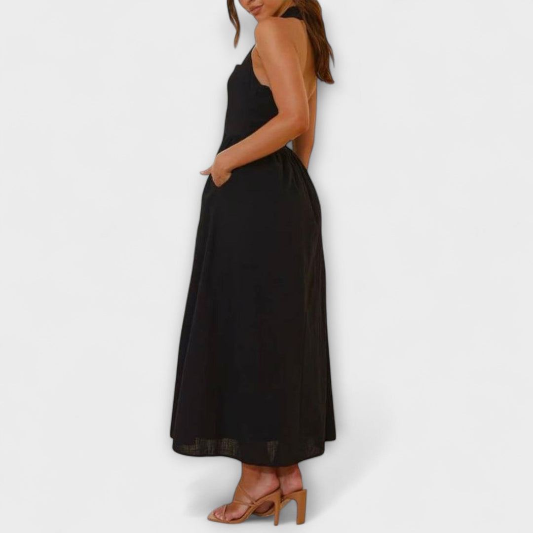 Lydia - Mid-Length Black Halter Dress with Waist Detail