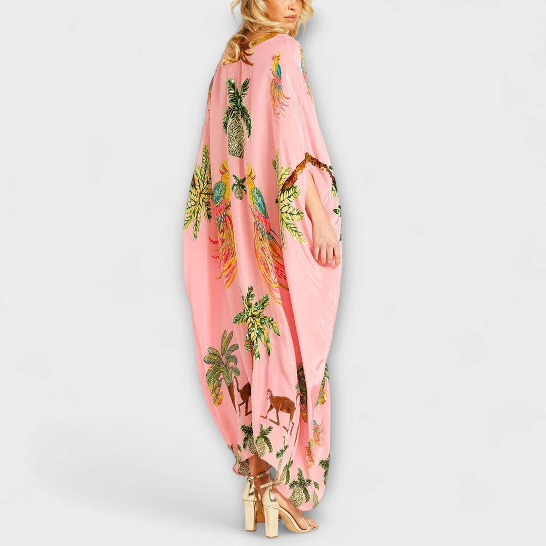 Linda - Off-Shoulder Dress with Asymmetrical Shoulder and Palm Print