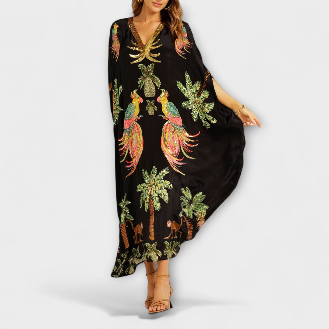 Linda - Off-Shoulder Dress with Asymmetrical Shoulder and Palm Print