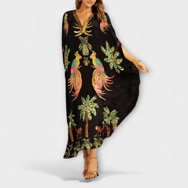 Linda - Off-Shoulder Dress with Asymmetrical Shoulder and Palm Print