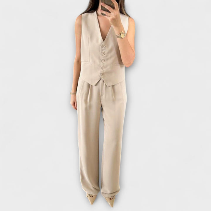 Hazel - Stylish Plain V-Neck Waistcoat and Trouser Two-Piece Ensemble