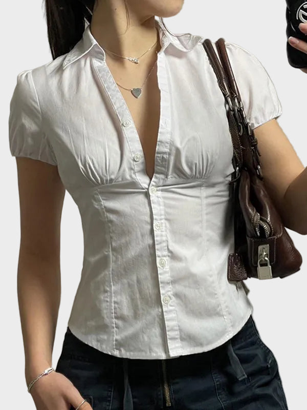 White Vintage Slim Waist V Neck Short Sleeve Shirt