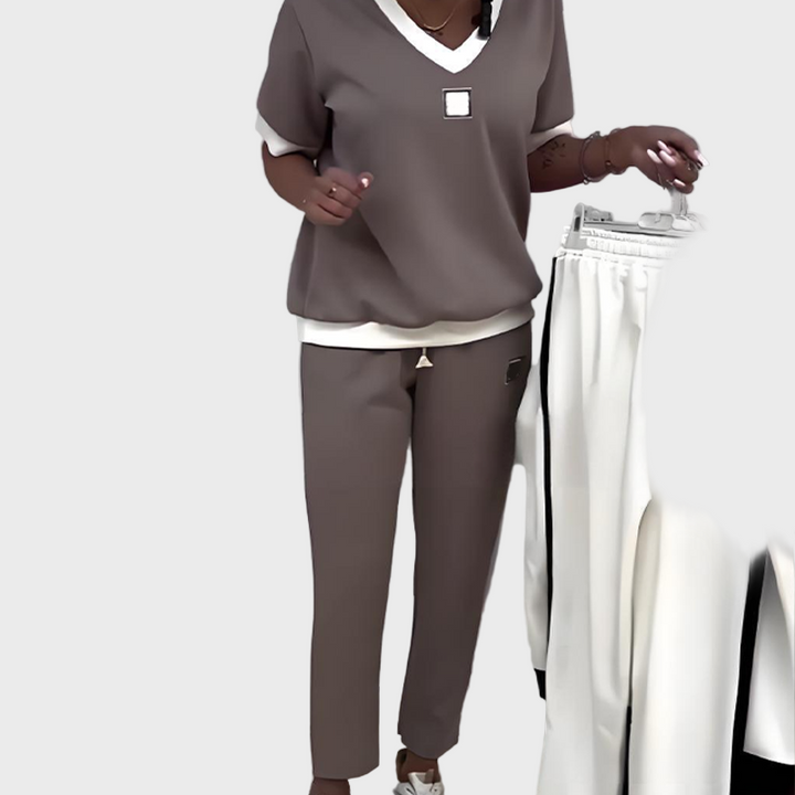 Kristýna - Women's Casual Set with Top and Trousers Featuring a V-Neck