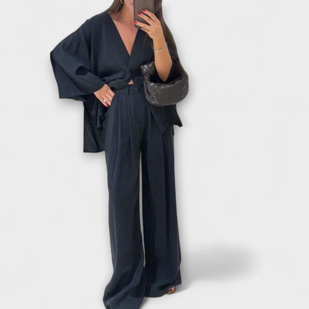 Jacqueline - Casual V-Neck Top and Trousers Duo