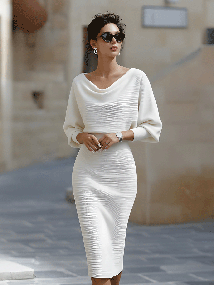 Charlotte | Women's Draped Batwing Sleeve Midi Elegant Dress