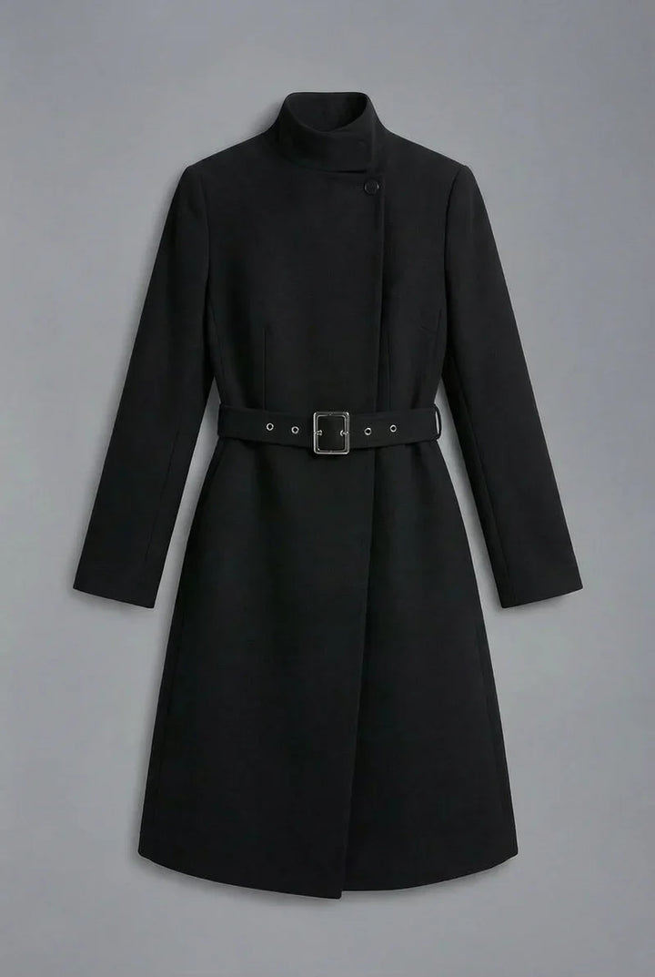 Women's High Neck Asymmetric Front Belted Spring Coat