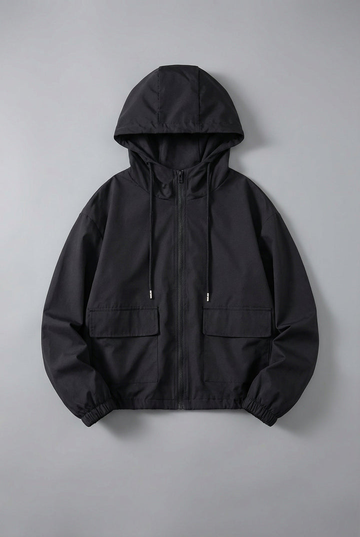 Women’s Black Cropped Spring Jacket Lightweight Hooded Casual Outerwear