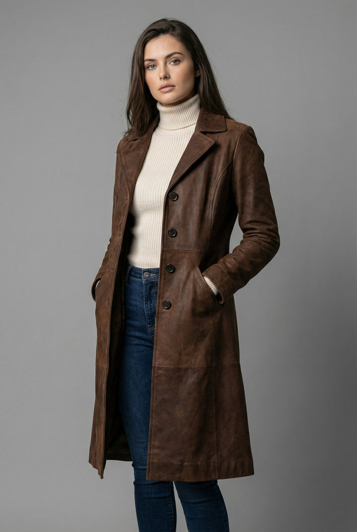 Women’s Dark Brown Leather Style Spring H-Line Mid Length Coat