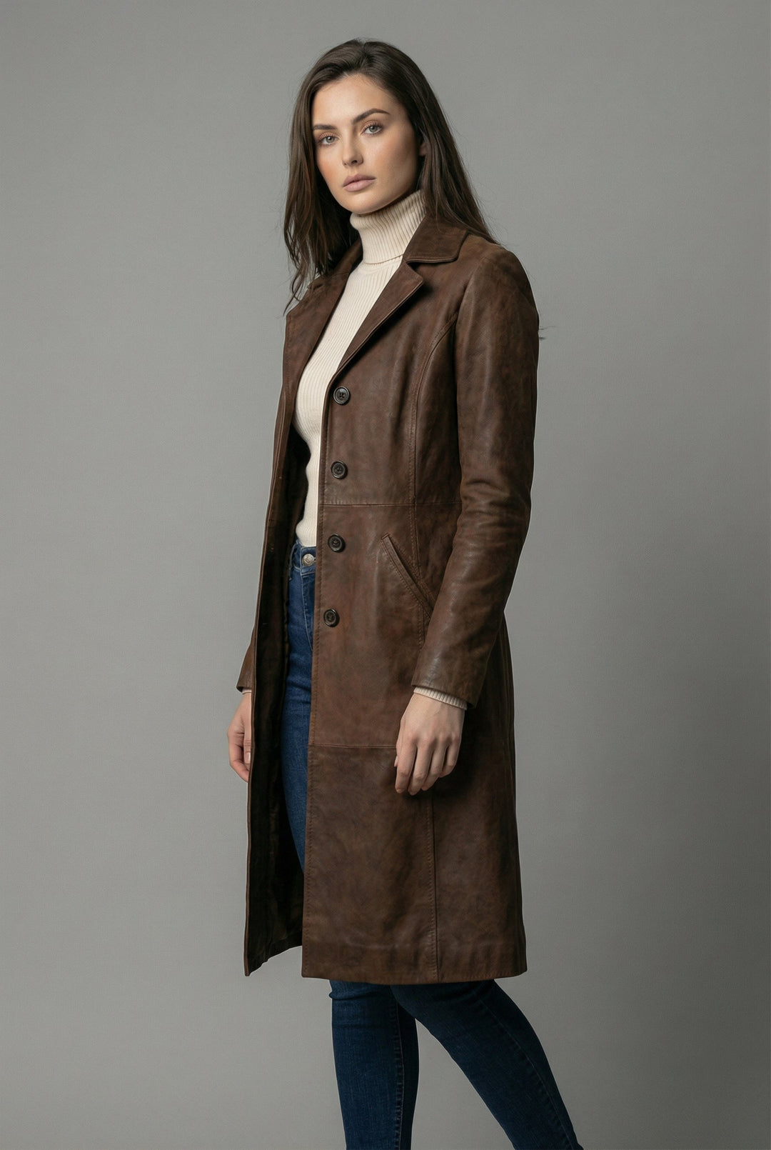 Women’s Dark Brown Leather Style Spring H-Line Mid Length Coat