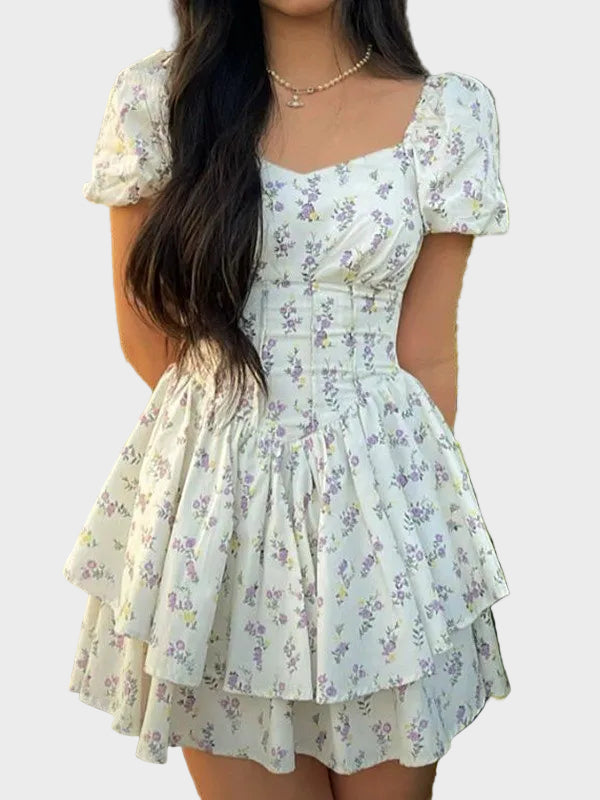 French Floral Corset Slim Mini Dress with Puff Sleeve