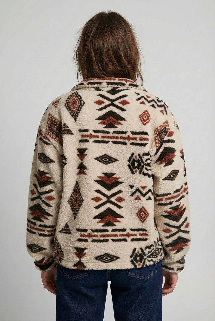 Women’s Cosy Fleece Zip-Up Sweatshirt – Geometric Winter Print