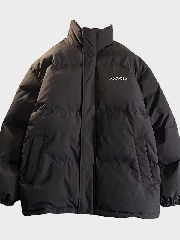 Vintage Solid Short Padded Coat with High Neck and Zipper