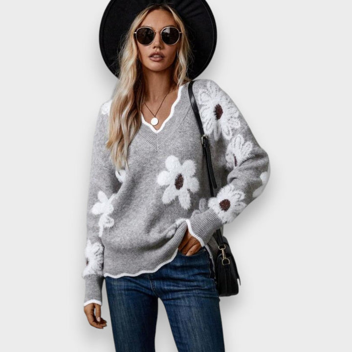 Aline | Elegant Jumper with V-Neck and Floral Pattern