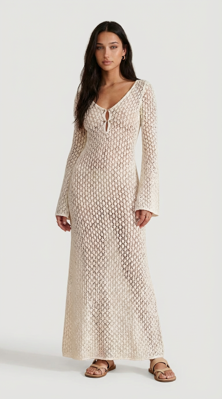 open knit bell sleeve maxi dress Elara Open-Knit Long Sleeve Maxi Dress